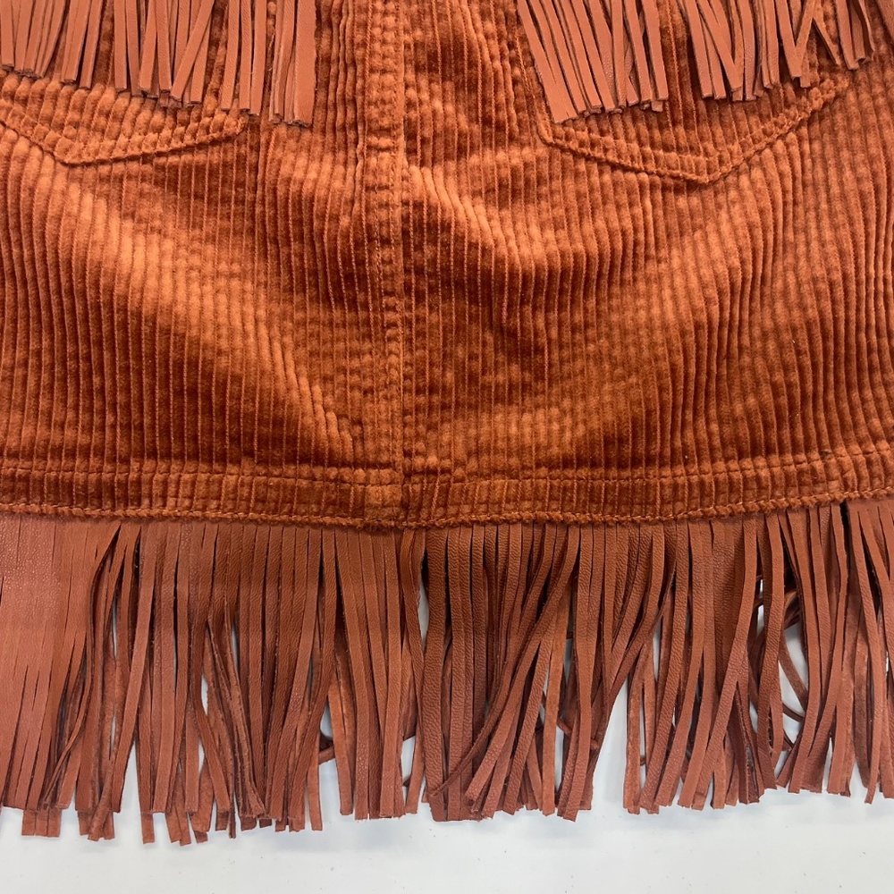 Sanctuary denim burnt orange corduroy skirt w/ added  leather fringe - size 6 - Picture 4 of 11